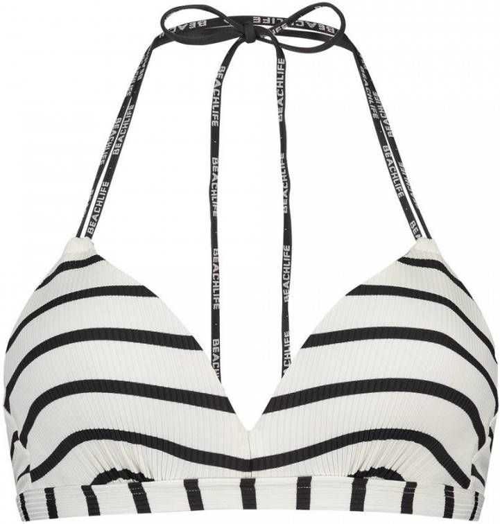 Beachlife gestreepte voorgevormde halter bikinitop wit/antraciet online kopen