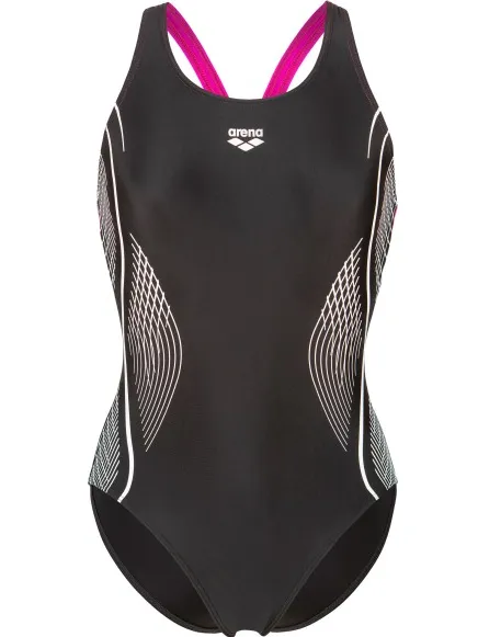 Arena Women's Grid Swimsuit V Back Graphic - Badpak, zwart/grijs