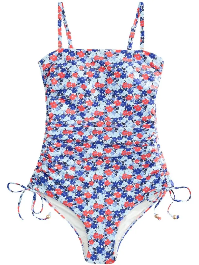 Next Dames - Vormgevend, buikcorrigerend bandeaubadpak met ruches op de pijpen - Blauw Navy Blue/Red Disty Floral