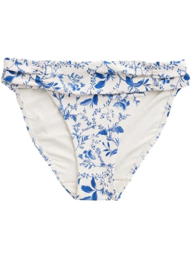 Next Dames - Bikinibroekje met ruches aan de zijkant en hoge beenuitsnijding - Crème Cream/Blue Ditsy Floral