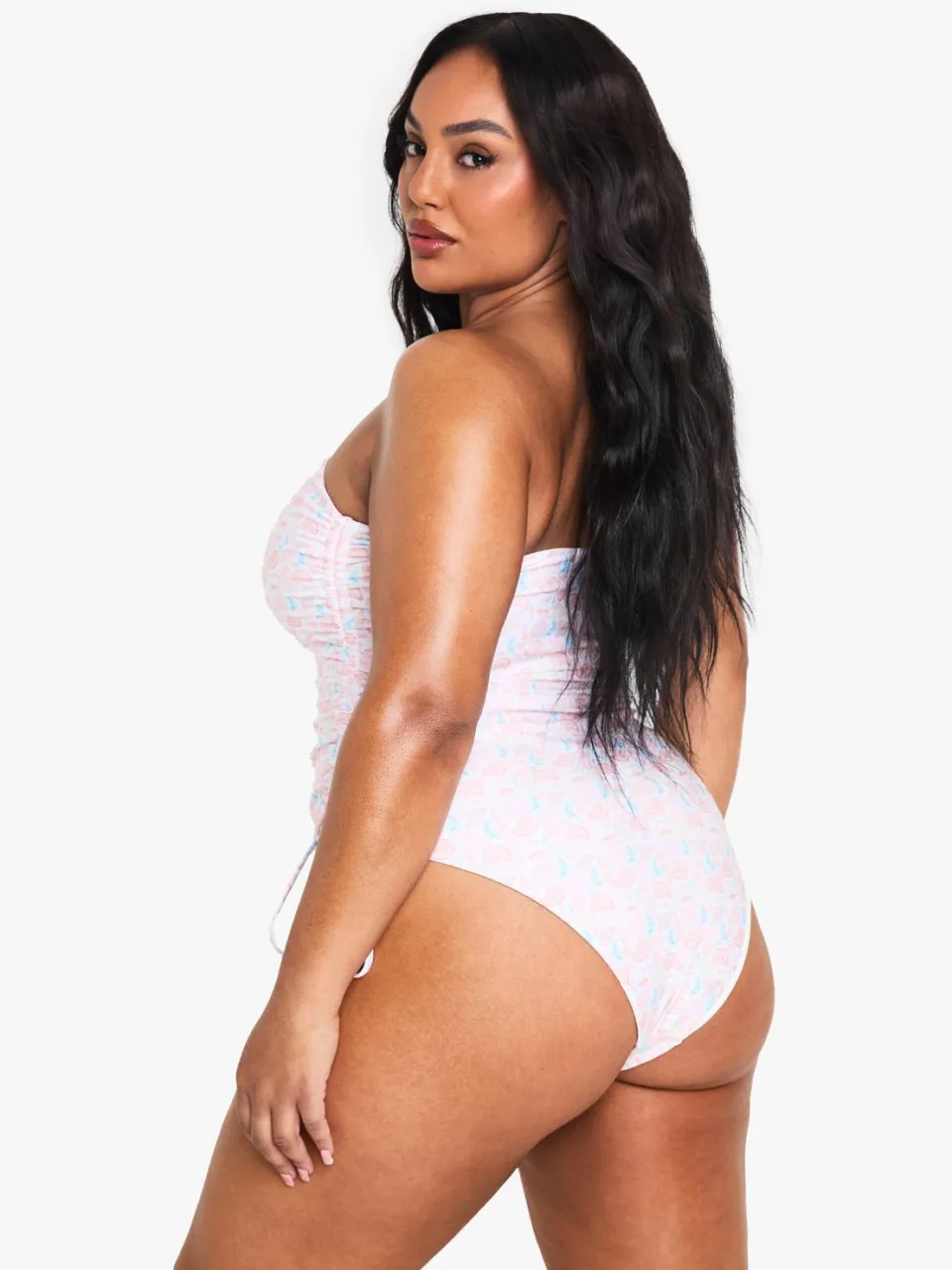 boohoo Dames Plus Schelpenprint Pareltrim Bandeau Badpak kaki, foto 2