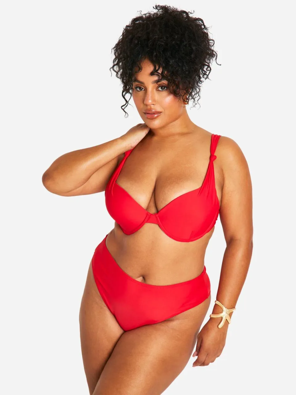 boohoo Dames Plus Geknoopte Beugel Bikini met Hoge Taille Rood