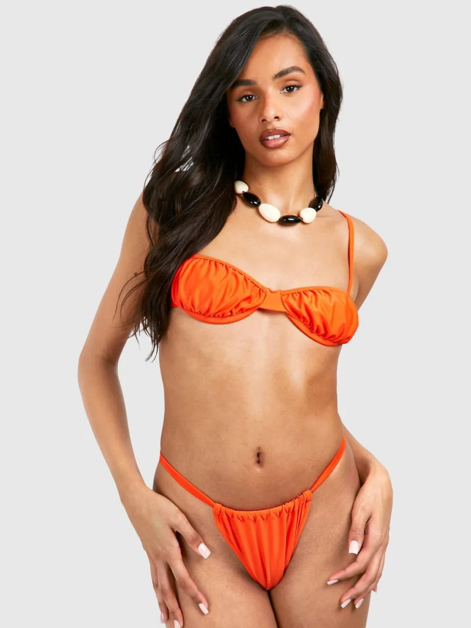 boohoo Dames Lange geraffleerde cup-detail bikiniset oranje, foto 3