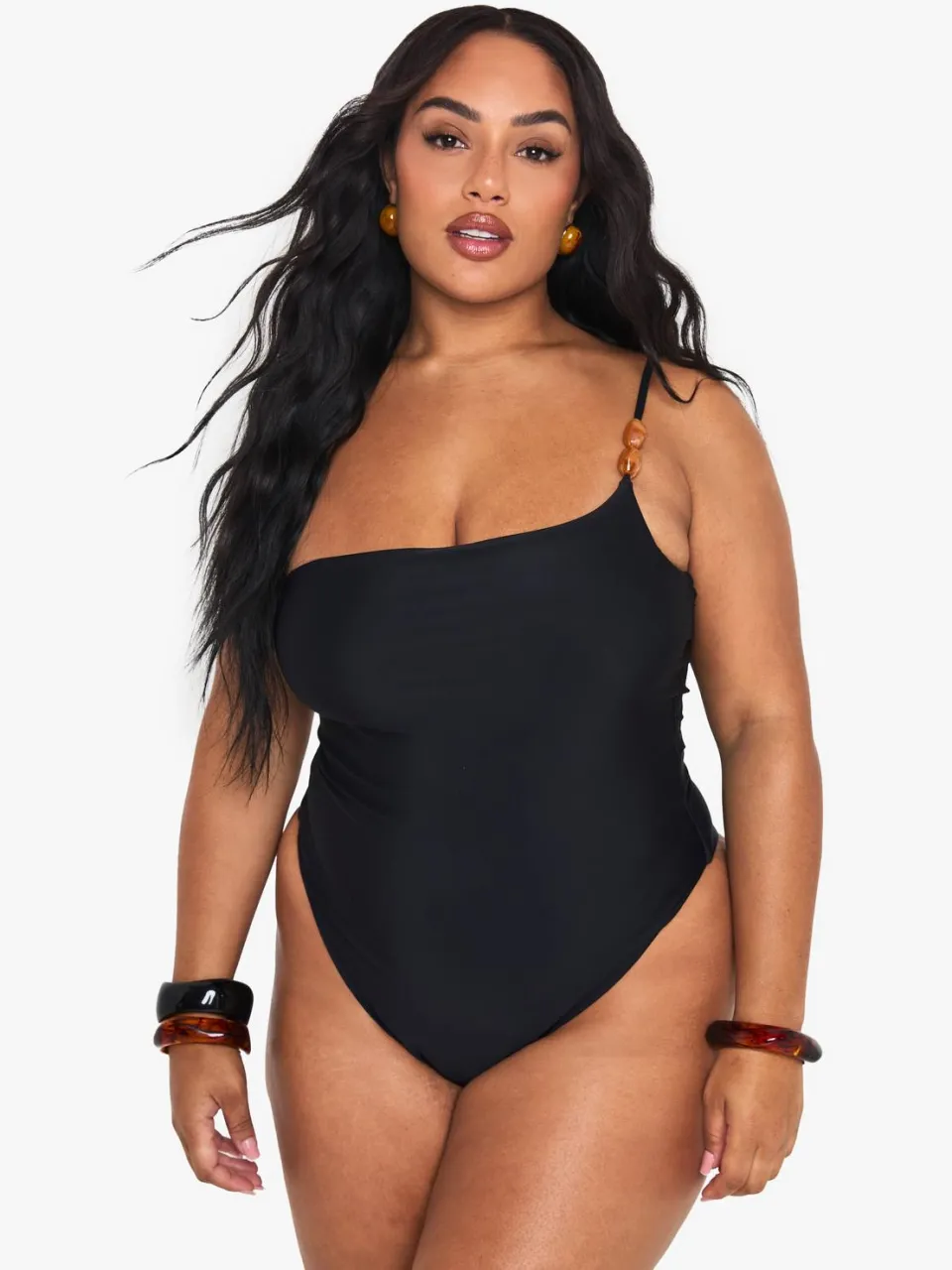 boohoo Dames Plus Resin Stone One Shoulder Swimsuit zwart, foto 3