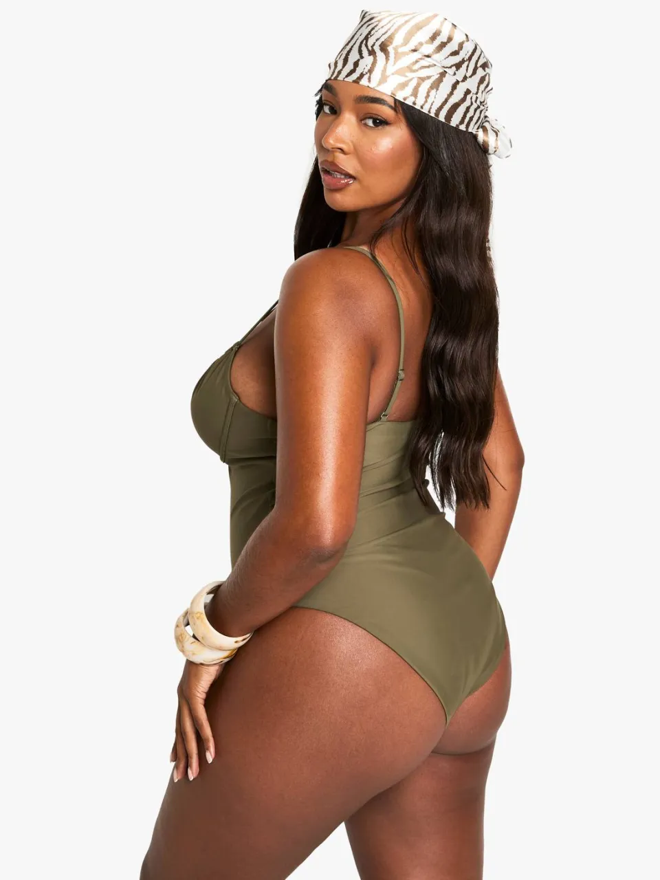 boohoo Dames Plus Shell Trim Gerimpte Cup Onderbeugel Badpak kaki, foto 2