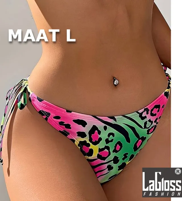 LaGloss Neon Panter print Bikini Broekje - zomer - beach swimsuit - strand bikini zwembad - Maat L %% Zwart