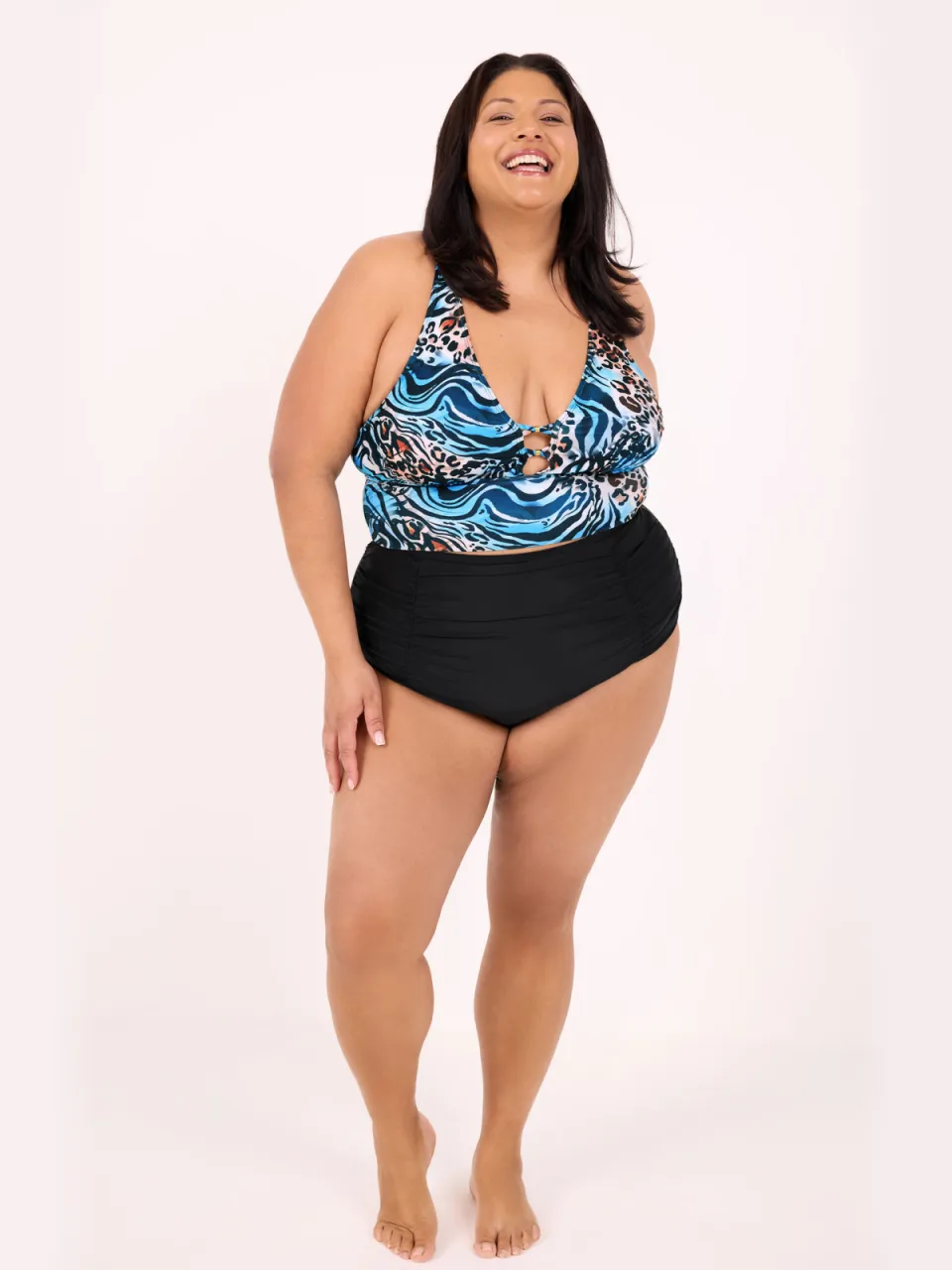 Yours Blauwe En Oranje Bikinitop Met Dierenprint En Diepe Halslijn Blue