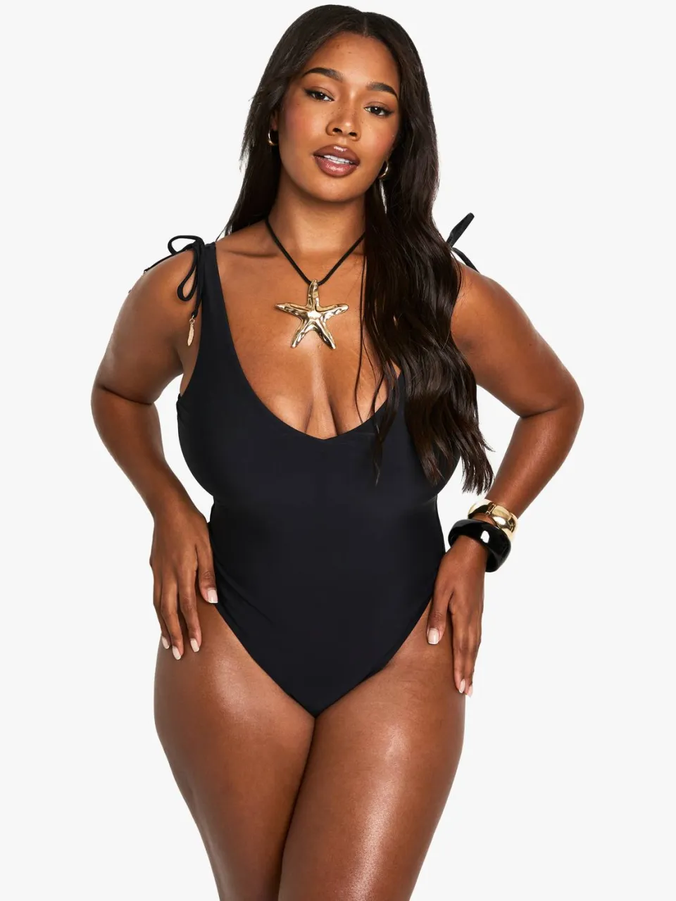 boohoo Dames Plus Feather Charm Rugloos Badpak zwart, foto 3