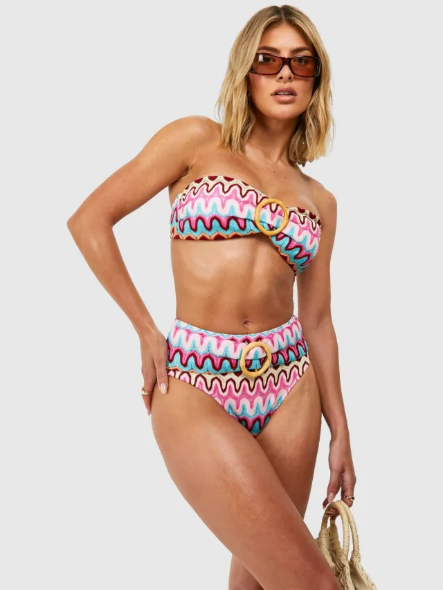 boohoo Dames Zig Zag Gebreide O-ring Bandeau Bikini Top roze, foto 4