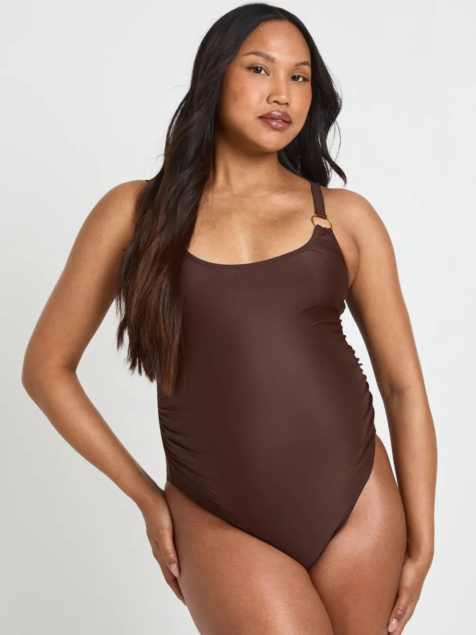 boohoo Dames Zwangerschapsbadpak Met Detail Aan De Hals En Ronde Halslijn Chocoladebruin