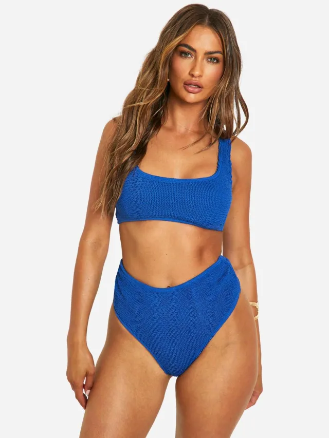 boohoo Dames Premium Crinkle High Waisted Bikini Slip marineblauw, foto 3