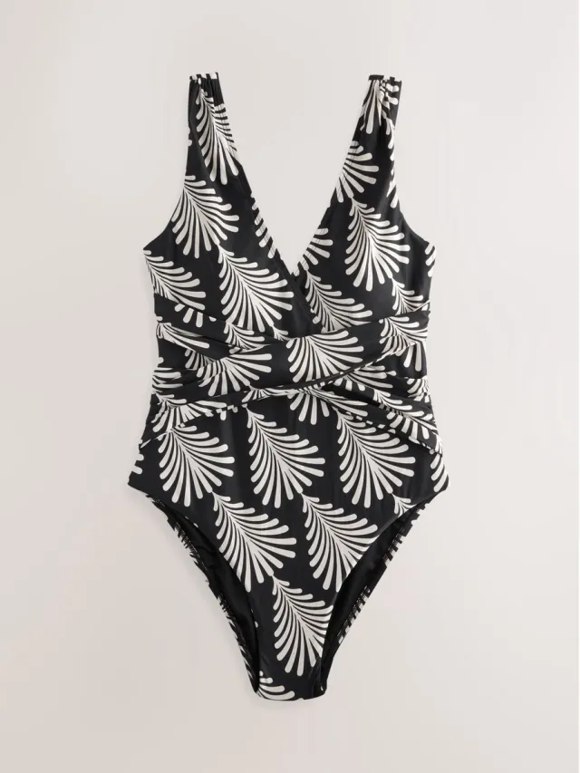 Next Dames - Diepuitgesneden buikbedekkend badpak - Zwart Black/Cream Fan Print