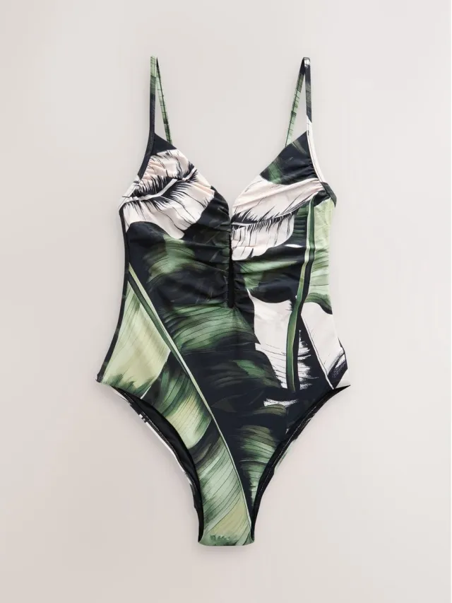 Next Dames - Diepuitgesneden buikbedekkend badpak - Zwart Black/Green Leaf