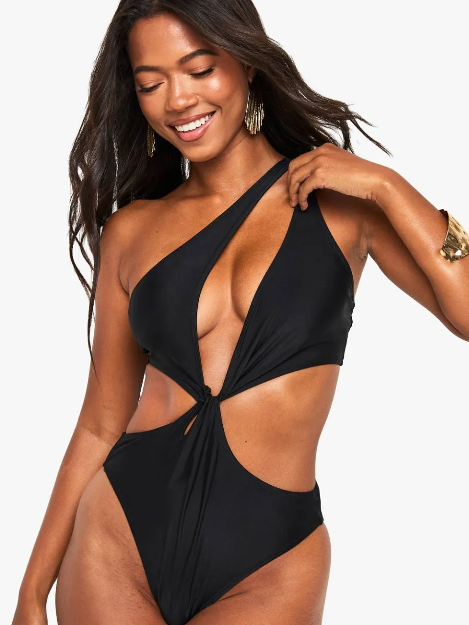 boohoo Dames One Shoulder Cutout Swimsuit Zwart