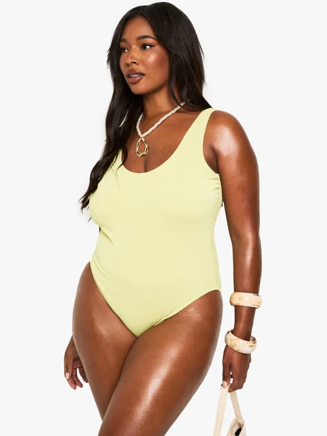 boohoo Dames Plus Swimwear Essentials Crinkle Scoop Neck Badpak Olijf