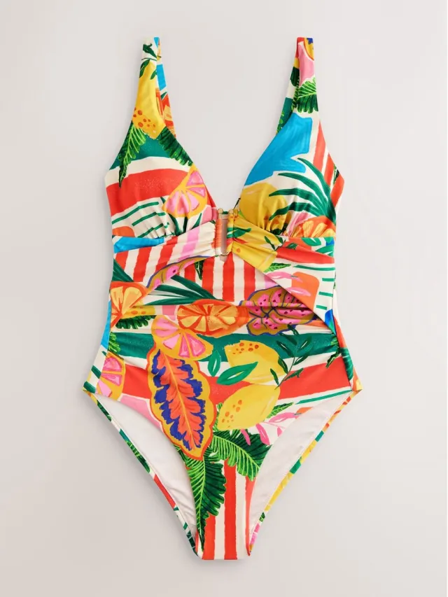 Next Dames - Utrim diep uitgesneden badpak met figuurcorrectie - Rood Bright Fruit Stripe