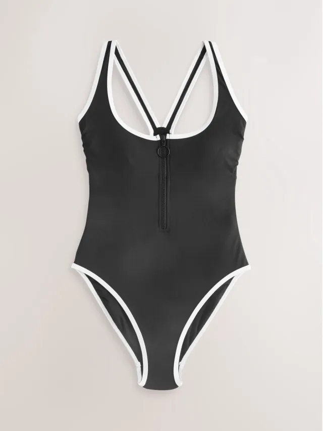 Next Dames - Vormgevend en buikcorrigerend badpak met rits - Zwart Black/White Contrast