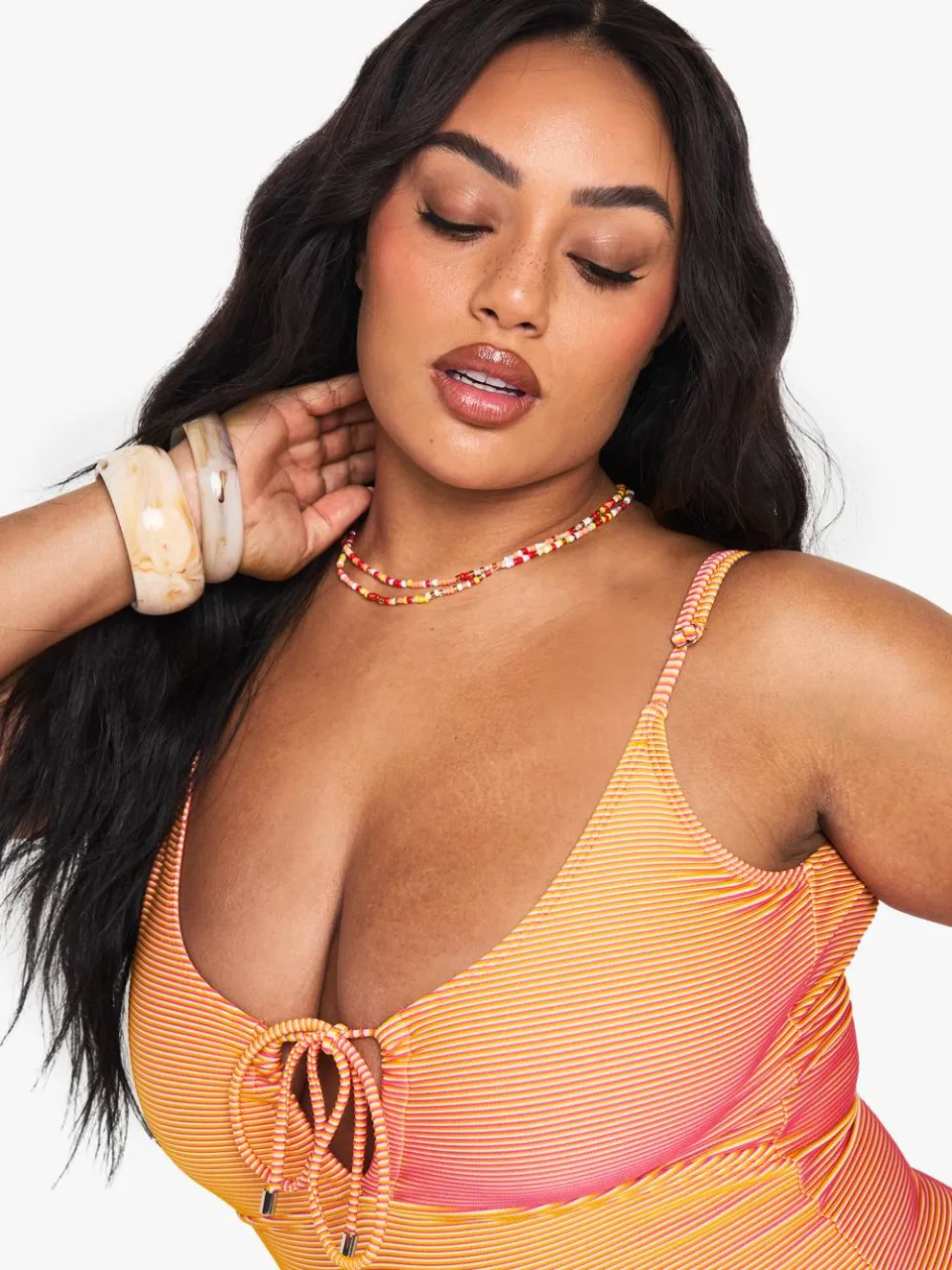 boohoo Dames PLUS TEXTURED STRIPE CUTOUT BADKOSTUUM oranje, foto 4