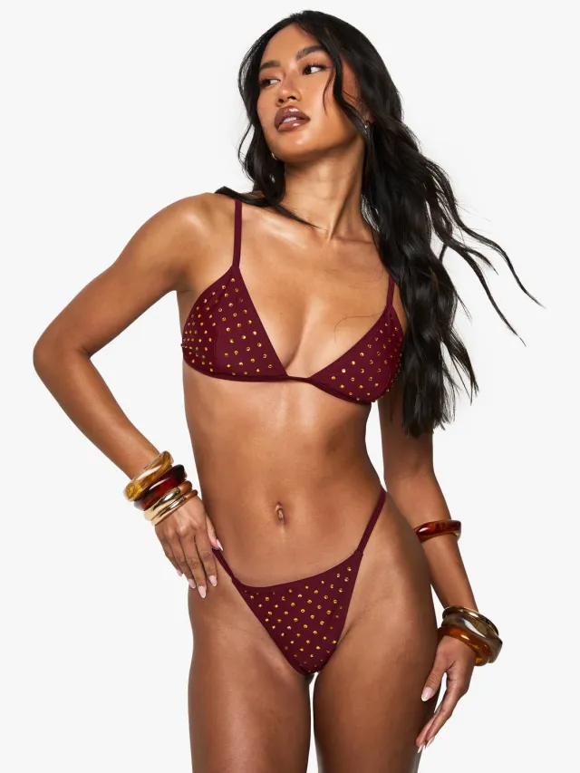 boohoo Dames Premium Swim Hot Fix Diamante Tanga Bikini Onderbroek bordeaux rood, foto 2