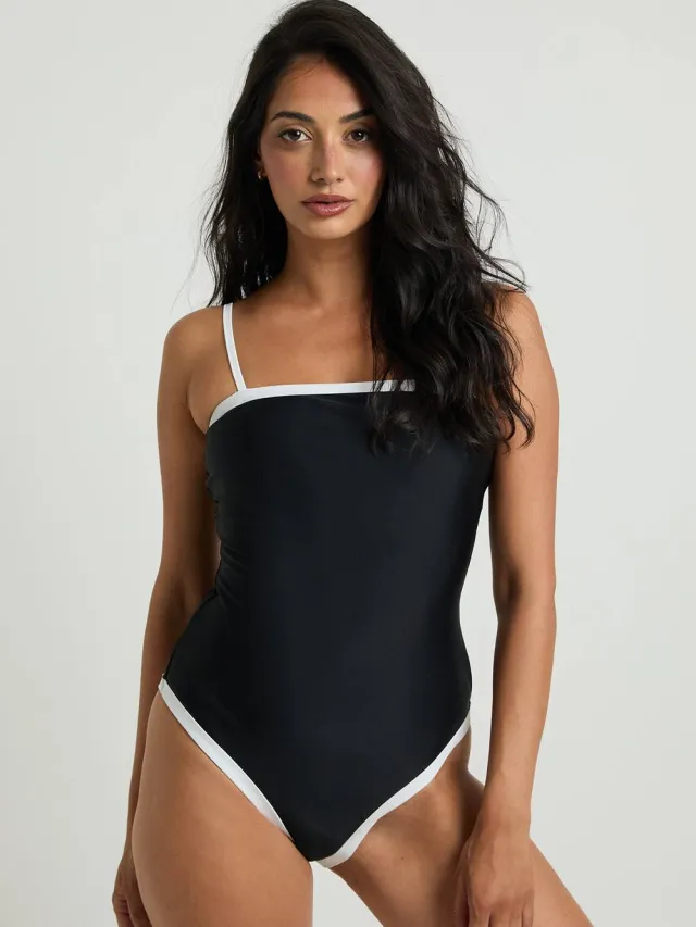 boohoo Dames Buikcontrolerend Badpak Met Contrasterende Vierkante Hals Zwart