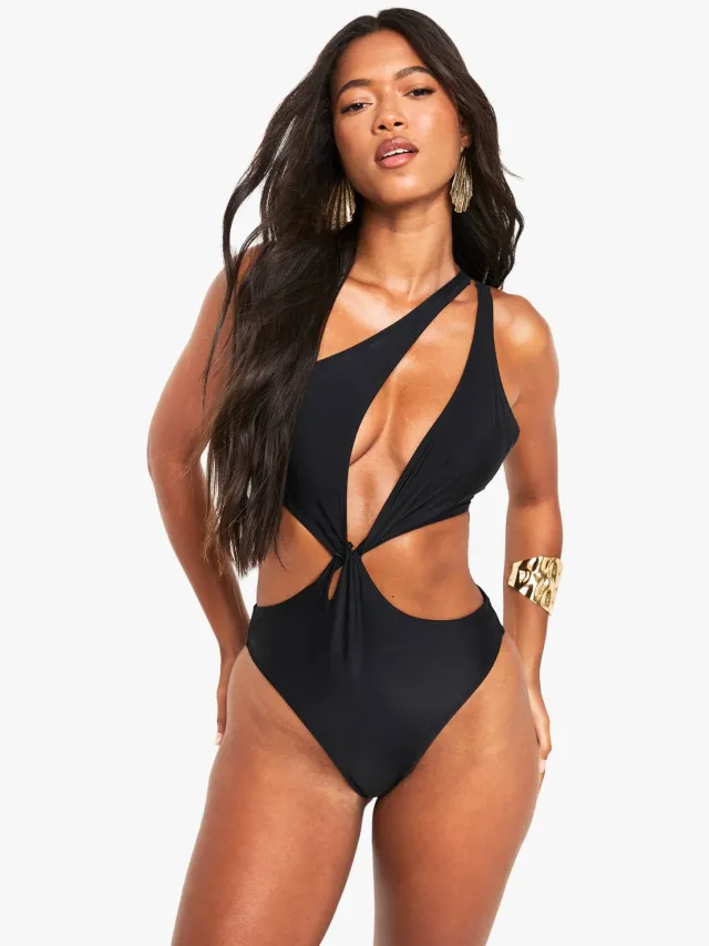 boohoo Dames One Shoulder Cutout Swimsuit zwart, foto 3
