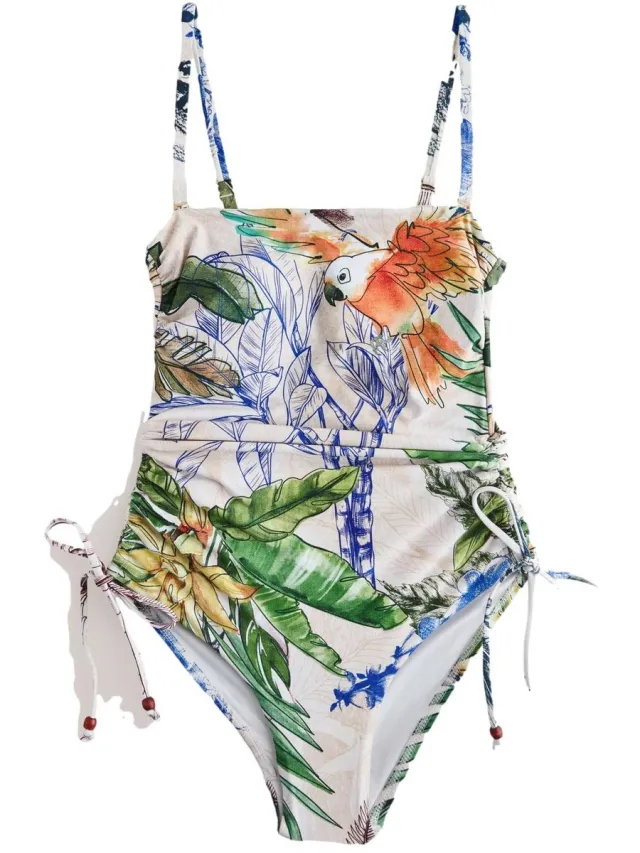 Next Dames - Vormgevend, buikcorrigerend bandeaubadpak met ruches op de pijpen - Crème Cream/Navy Parrot Placement Print