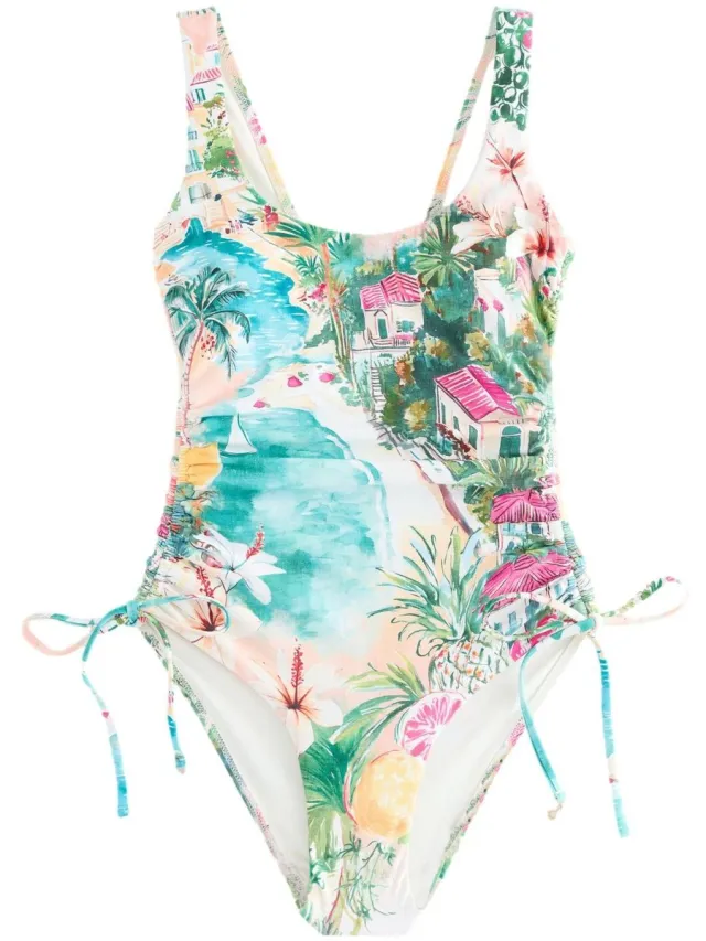 Next Dames - Badpak met lage hals, figuurcorrectie en ruches - Blauw Blue/Pink Scenic Print