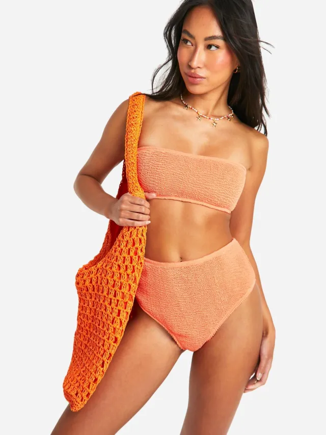 boohoo Dames Premium Gerimpelde Bandeau Tube Bikini Top Koraal