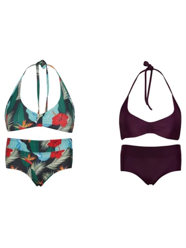 La V Set van 2 bikini hipster broekje en haltertopje ibiza bloemen/ Aubergine 164-170 multikleur/ Aubergine