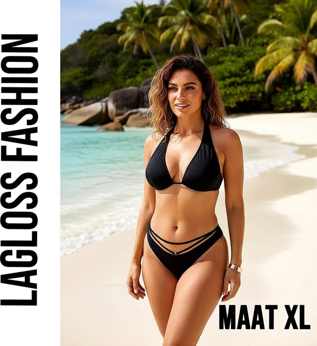 LaGloss 2-delig Zwarte Halter Bikini Set Dames met Strappy Broekje – V-Hals – Strandmode – Beach Fashion –