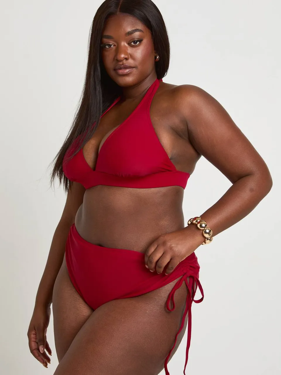 boohoo Dames Plus Buikcontrolerende Geplooid Hoge Taille Bikinibroekje bordeaux rood, foto 3