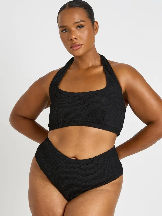 boohoo Dames Plus Crinkle Vierkante Halslijn Top & Hoge Taille Bikini Zwart