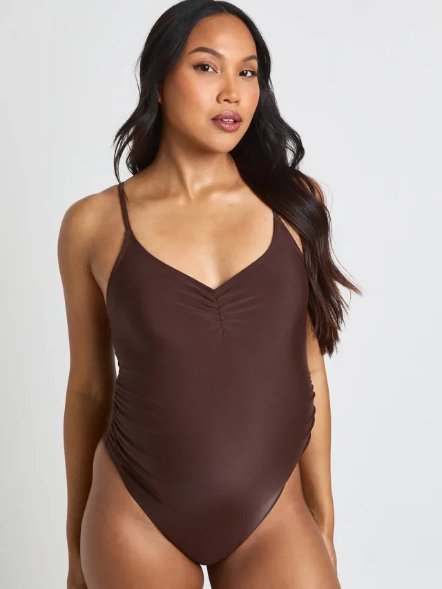 boohoo Dames Zwangerschaps Badpak Met Gerimpelde Voorkant Chocoladebruin