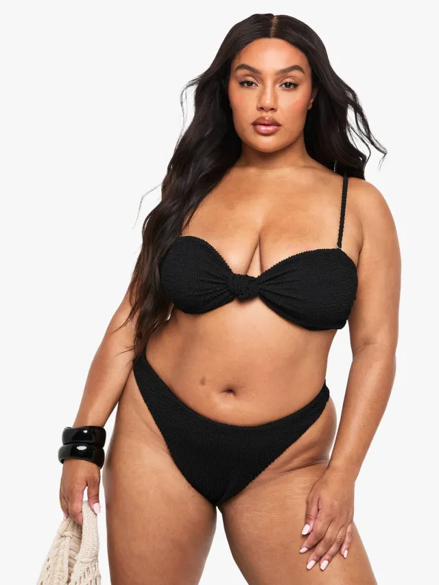 boohoo Dames Plus Crinkle Bikini Slip met hoge taille zwart, foto 3