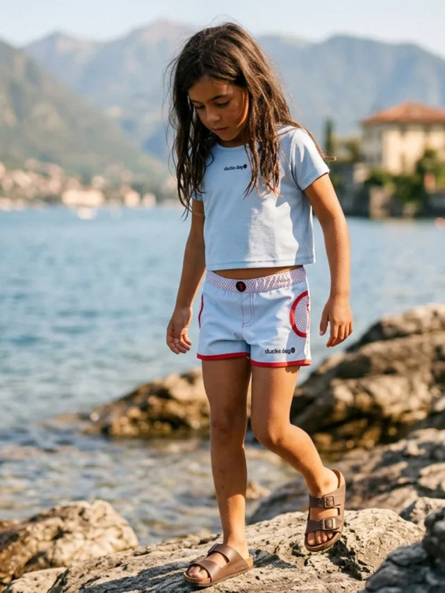Ducksday Zwembroek - Short - UV-werend - UPF50+ - Unisex - Lichtblauw - 4 jaar - 98/104 blauw, rood