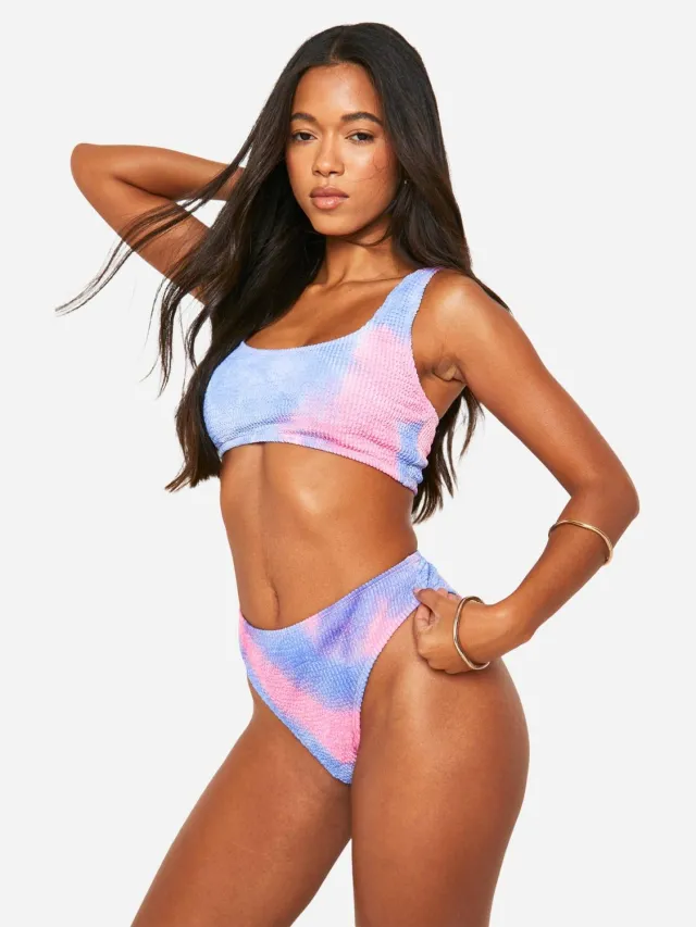 boohoo Dames Tie Dye Crinkle Hipster Bikini Slip Roze
