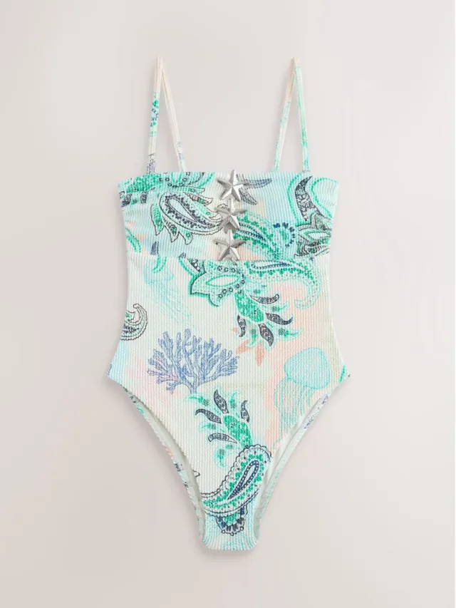 Next Dames - Buikbedekkend bandeau-badpak met gerimpelde hardware - Blauw Pastel Pink/Blue Octopus