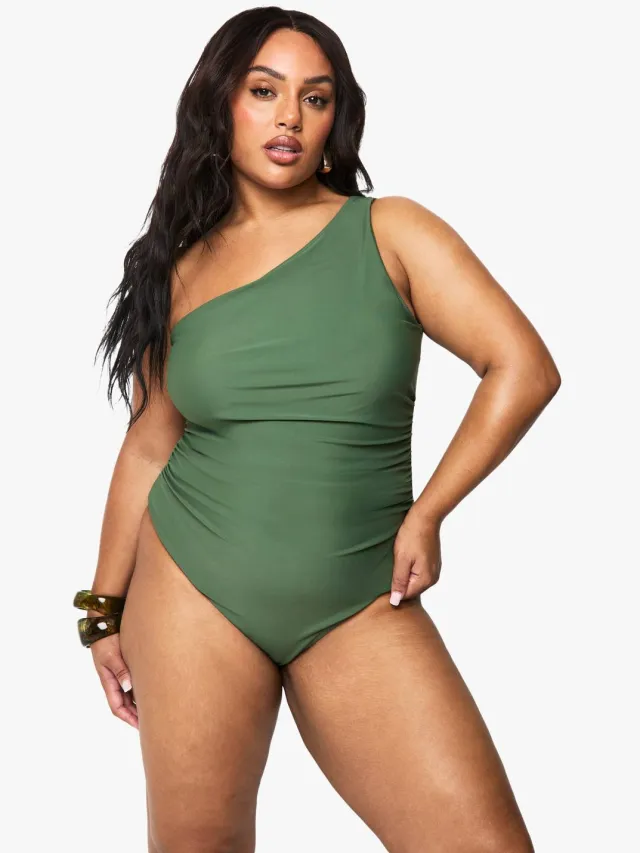 boohoo Dames Plus Tummy Control een-schouder badpak Kaki