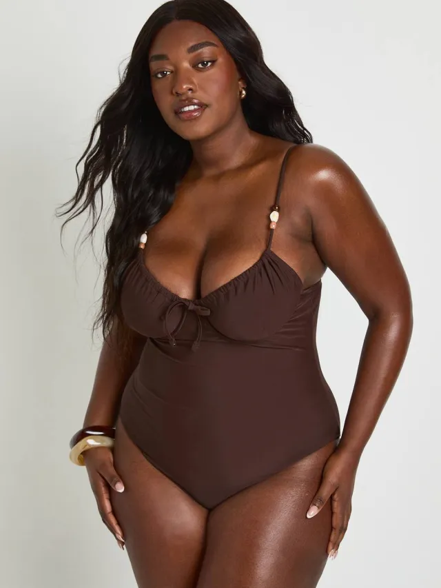 boohoo Dames Plus Balkonnet Badpak Met Kralensierrand Detail Chocoladebruin