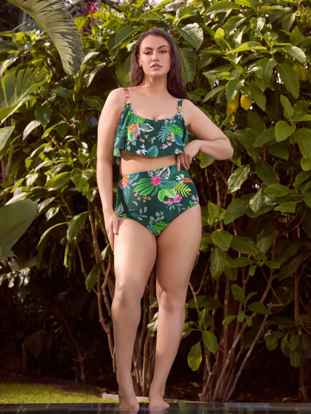 Yours Groen Bikinibroekje Met Tropische Print, Hoge Taille En Buikcorrectie, foto 2