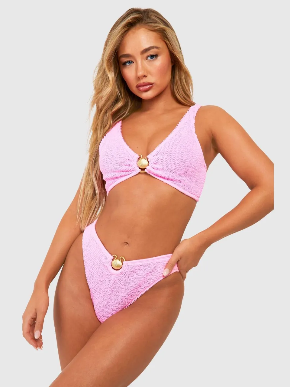 boohoo Dames Shell Trim Crinkle High Waist Bikini Brief roze, foto 3