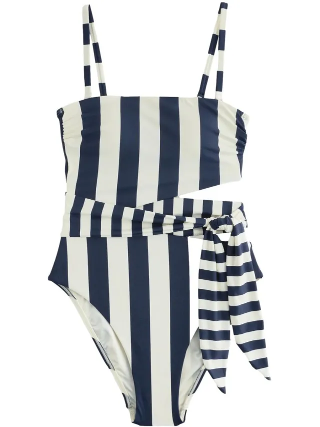 Next Dames - Bandeau-badpak met uitgesneden delen en strikband - Blauw Navy/Cream Stripe
