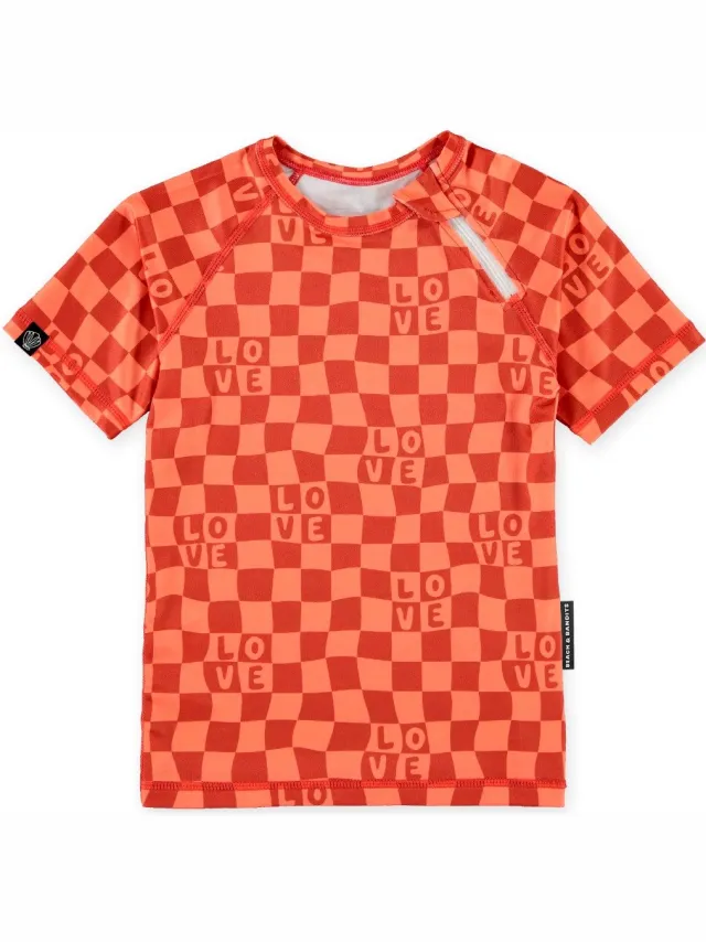 Beach & Bandits CHECKERED LOVE TEE – 92/98 – Zwemshirt korte mouw UV50+ bescherming Oranje