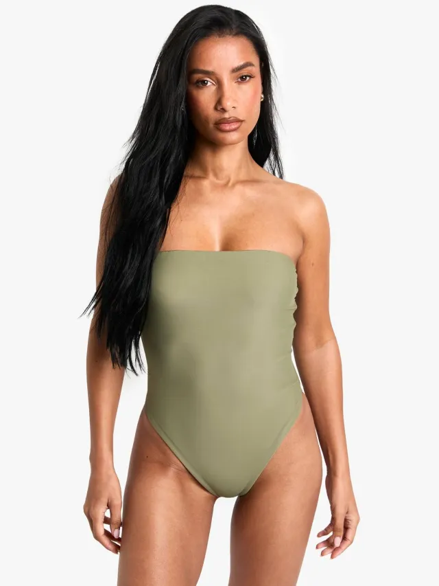 boohoo Dames Petite Zwemkleding Essentials Bandeau Badpak Kaki