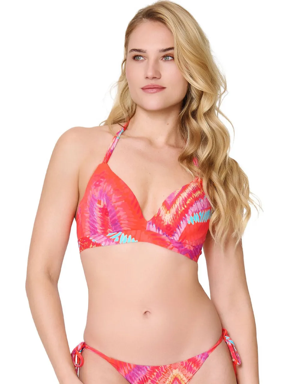Lingadore voorgevormde triangel bikinitop koraalrood met print Koraalrood/turquoise
