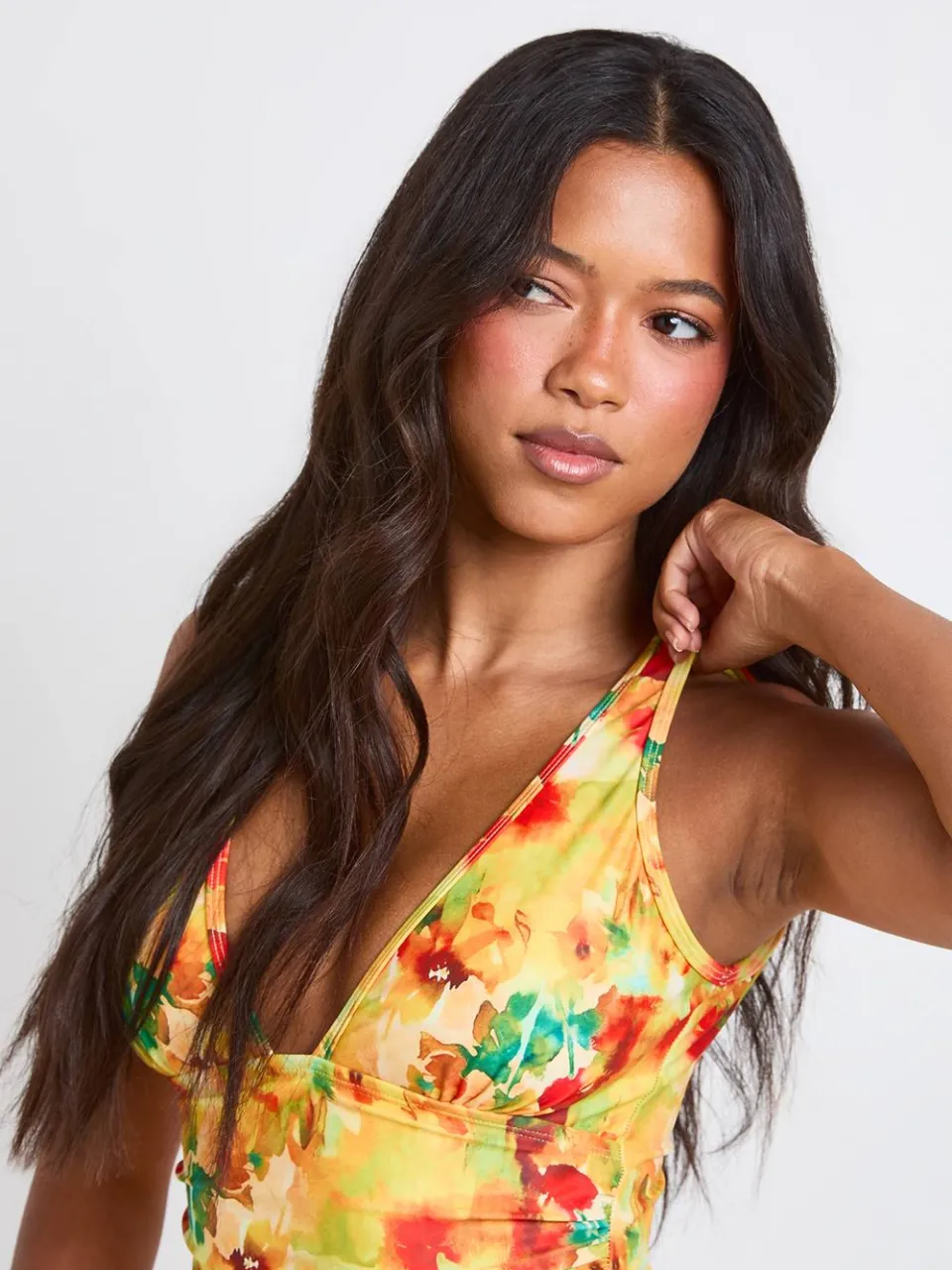 boohoo Dames Abstract Bloemenprint Badpak Met Buikcontrole En Diepe V-hals oranje, foto 4