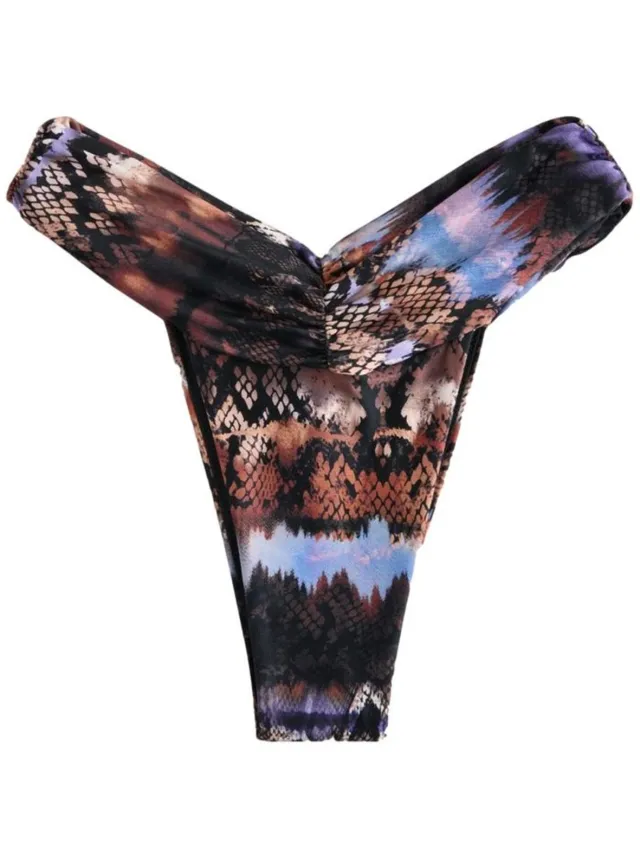Next Dames - Gestreept Braziliaans bikinibroekje met V-uitsnijding en ruches - Bruin Brown/Blue Animal