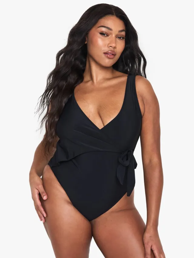 boohoo Dames Plus Swimwear Essentials Buikcontrole Wikkelbadpak Zwart