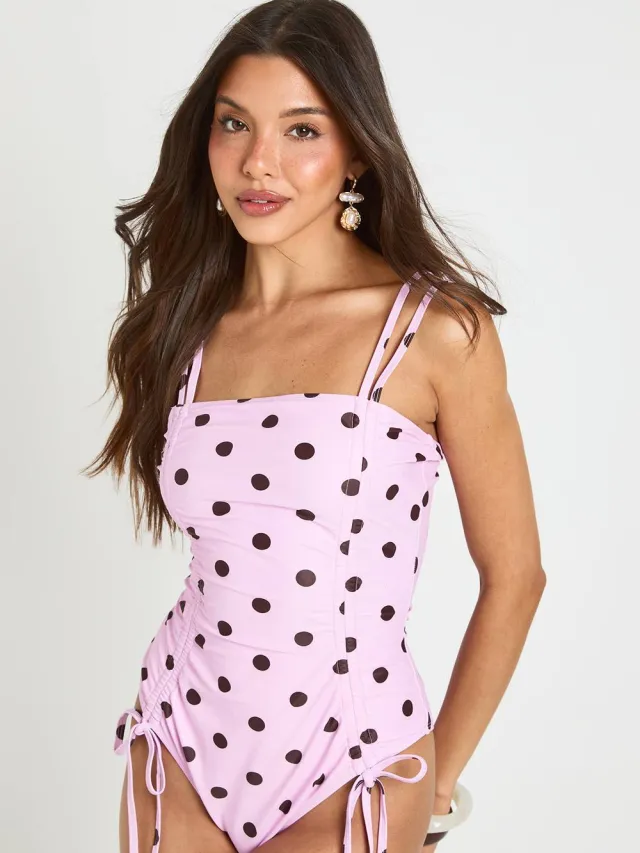 boohoo Dames Badpak Met Polkadots En Rimpeldetail Roze