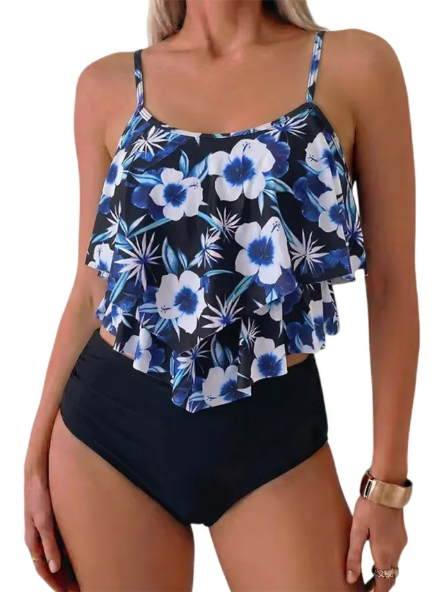 rimmo Dames Bikini met Hoge Taille – Buikverhullende en Slankmakende Bikini Set, Corrigerende Zwemkleding - Blauwe en witte bloemen
